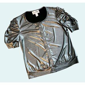 Vintage JOSEPH RIBKOFF Metallic Silver Puff Sleeve 90s 00s Y2K Top Shirt Size Sm